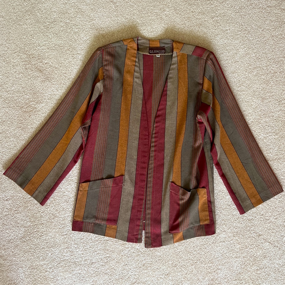 Striped Vintage Blazer Cardigan, Fall Colors Maroon, Orange and Olive Green